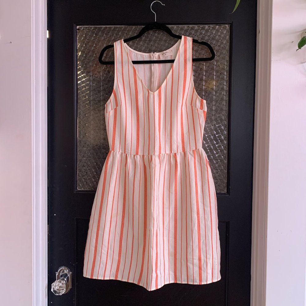 Anthropologie Everly Coral Red White Striped V Neck Sleeveless Fit & Flare Dress